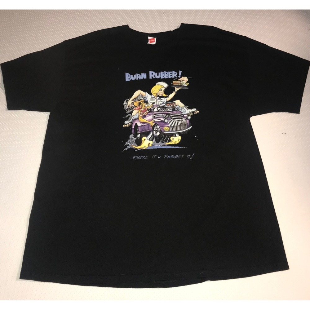 Hanes Mens Size L Black Burn Rubber Logo‎ Short Sleeve Measurements Pictured